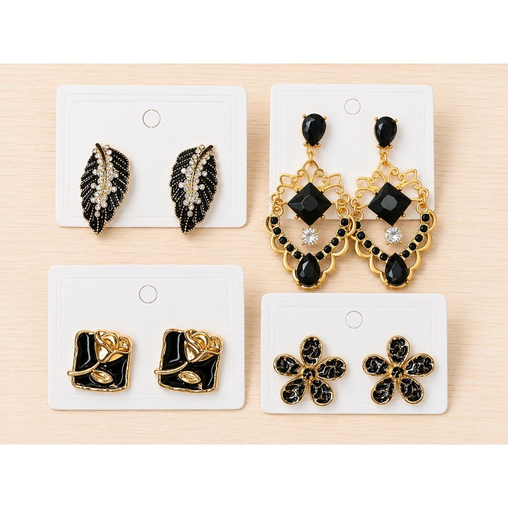 4 Pair Set Black Gold Tone Earrings Leaf Chandelier Rose Flower Statement Studs